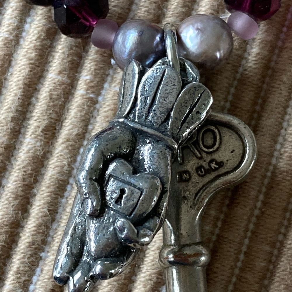 NWT Grape Czech Glass Necklace with Pewter Heart in Hand w Key Earrings …